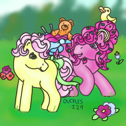 Size: 1500x1500 | Tagged: safe, artist:duckles129, li'l cheese, pinkie pie, earth pony, pony, g1, g4, bow, colt, duo, duo male and female, female, flower, foal, g4 to g1, generation leap, male, mare, mother and child, mother and son, outdoors, plushie, rubber duck, signature, tail, tail bow, teddy bear