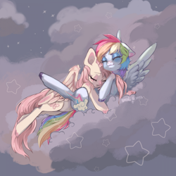 Size: 1920x1920 | Tagged: safe, artist:yuki_fawn, fluttershy, rainbow dash, pegasus, pony, cloud, cuddling, duo, female, lesbian, mare, on a cloud, ship:flutterdash, shipping, sleeping, unshorn fetlocks