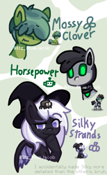 Size: 1380x2237 | Tagged: safe, artist:itz_bluejacob, derpibooru exclusive, oc, oc only, oc:horsepower, oc:mossy clover, oc:silky strands (itz_bluejacob), bat pony, earth pony, pony, robot, robot pony, spider, pony town, :3, bat wings, clover, hair over eyes, hat, newbie artist training grounds, pumpkin, shy, simple background, smiling, smug, smug smile, watermark, white background, wings, witch, witch hat