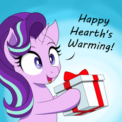 Size: 1500x1500 | Tagged: safe, artist:vomitvomiting, starlight glimmer, pony, unicorn, g4, gradient background, hearth's warming, horn, open mouth, open smile, smiling, solo, text