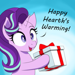 Size: 1500x1500 | Tagged: safe, artist:vomitvomiting, derpibooru exclusive, starlight glimmer, pony, unicorn, g4, christmas, cute, female, glimmerbetes, gradient background, hearth's warming, holiday, horn, mare, open mouth, open smile, smiling, solo, text