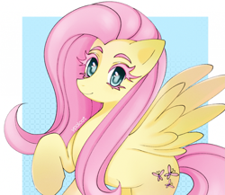 Size: 2059x1789 | Tagged: safe, artist:ypalcat, fluttershy, pegasus, pony, g4, abstract background, female, mare, no more ponies at source, passepartout, raised hoof, signature, smiling, solo, spread wings, three quarter view, wings