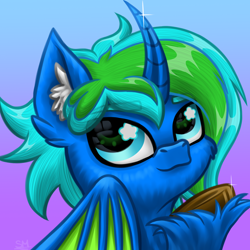 Size: 3000x3000 | Tagged: safe, artist:sunamoonmlp, derpibooru exclusive, oc, oc only, oc:azure melody, alicorn, pony, g4, bat wings, bust, cheek fluff, commission, cute, ear fluff, hoof fluff, horn, male, pfp, portrait, raised hoof, smiling, stallion, wings