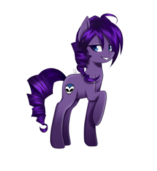 Size: 2757x3008 | Tagged: safe, artist:sonigiraldo, oc, oc only, oc:zone-tan, earth pony, pony, blue eyes, braid, female, looking at you, mare, ponified, purple, purple coat, purple fur, purple hair, purple mane, purple tail, raised hoof, simple background, skull, smiling, solo, tail, transparent background, waifu material, zone-sama