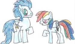 Size: 1212x720 | Tagged: safe, rainbow dash, soarin', pegasus, pony, g4, blushing, female, male, mare, ship:soarindash, shipping, stallion, straight, traditional art