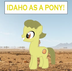 Size: 2193x2142 | Tagged: safe, artist:memeartboi, oc, earth pony, pony, g4, colt, colt oc, cute, desert, earth pony oc, eyes open, foal, food, grin, happy, idaho, male, male oc, nice, outdoors, ponified, potato, potato pony, smiling, solo, solo male, standing, teeth, text, the amazing world of gumball