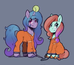 Size: 2048x1785 | Tagged: safe, artist:orbitingdamoon, izzy moonbow, jazz hooves, g5, ball, clothes, commissioner:rainbowdash69, cuffed, horn, hornball, izzy's tennis ball, never doubt rainbowdash69's involvement, prison outfit, prisoner, prisoner im, shackles, tennis ball