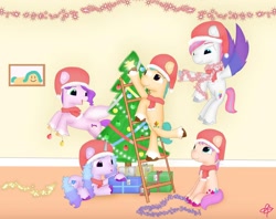 Size: 1080x856 | Tagged: safe, artist:heart k art, hitch trailblazer, izzy moonbow, pipp petals, sunny starscout, zipp storm, earth pony, pegasus, pony, unicorn, series:heart k art g5 advent calendar, g5, advent calendar, bauble, christmas, christmas tree, clothes, decorating, decoration, female, garland, hat, holiday, horn, indoors, male, mane five, mare, present, santa hat, scarf, stallion, tree