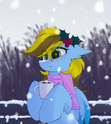 Size: 2000x2224 | Tagged: safe, artist:rieyadraws, oc, oc only, oc:lucky bolt, pegasus, pony, chocolate, christmas, clothes, cold, colored wings, commission, ear fluff, eye shimmer, female, food, green eyes, happy, holiday, hot chocolate, mistletoe, mug, scarf, smiling, snow, snowfall, solo, two toned mane, two toned wings, wings, winter, ych result