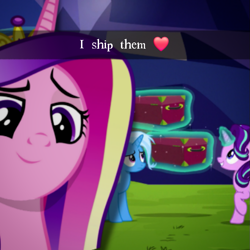 Size: 719x719 | Tagged: safe, artist:kysss90, artist:trrrebleee, derpibooru exclusive, edit, edited screencap, screencap, vector edit, princess cadance, starlight glimmer, trixie, alicorn, pony, unicorn, g4, my little pony: friendship is magic, road to friendship, caption, emoji, female, horn, lesbian, mare, princess of shipping, ship:startrix, shipping, snapchat, text, trio, vector