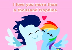 Size: 3553x2499 | Tagged: safe, anonymous artist, derpibooru exclusive, rainbow dash, soarin', pegasus, pony, series:soarindash relationship, series:soarindash romantic tales, g4, cheek kiss, eyes closed, female, kissing, male, mare, pointy ponies, ship:soarindash, shipping, smiling, stallion, straight, text