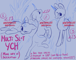 Size: 1800x1400 | Tagged: safe, artist:nyctophilist, derpibooru exclusive, alicorn, pegasus, pony, unicorn, commission, ears, ears up, floating, floppy ears, flying, horn, lying down, multislot, multislot ych, sketch, smiling, standing, ych example, ych sketch, your character here