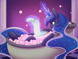 Size: 2100x1600 | Tagged: safe, artist:duskyamore, princess luna, alicorn, pony, g4, annoyed, bath, bathtub, bubble bath, claw foot bathtub, ethereal mane, female, mare, scroll, solo, starry mane, starry tail, tail, working