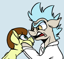 Size: 2546x2355 | Tagged: safe, artist:witchtaunter, pony morty, pony rick, earth pony, pony, g4, grannies gone wild, my little pony: friendship is magic, cheek squish, clothes, colt, foal, looking at each other, looking at someone, male, morty smith, ponified, rick and morty, rick sanchez, simple background, squishy cheeks, stallion, that was fast