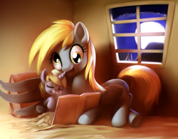 Size: 2763x2171 | Tagged: safe, artist:moonlitbrush, derpy hooves, dinky hooves, pegasus, pony, g4, bed, book, cute, derpabetes, dinkabetes, equestria's best mother, female, filly, foal, mare, night, read, reading