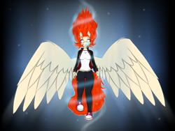 Size: 4500x3375 | Tagged: safe, artist:raw16, oc, oc:ray muller, pegasus, anthro, aura, belly, belt, breasts, brow piercing, clothes, coat, denim, ear piercing, eyebrow piercing, eyeshadow, female, floating hair, floating wings, flying, force, glowing pendant, gradient background, illustration, jacket, jeans, jewelry, leather, leather jacket, long sleeved shirt, long sleeves, looking at something, looking up, lore, makeup, nowhere, open mouth, pants, pendant, piercing, plaid shirt, ponytail, red hair, shirt, shock, shocked, shocked eyes, shoes, shrunken pupils, sneakers, soar, solo, spread wings, t-shirt, tattoo, weightlessness, wings