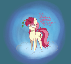 Size: 2367x2128 | Tagged: safe, artist:solardoodles, roseluck, earth pony, pony, g4, chibi, commission, ear fluff, highlights, mistleholly, shading, smiling, snow, solo, ych result