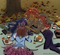 Size: 1024x939 | Tagged: safe, alternate version, artist:5mmumm5, sci-twi, sunset shimmer, twilight sparkle, human, equestria girls, g4, anime, autumn, book, clothes, coffee cup, cup, cute, donut, duo, female, food, glasses, leaves, lesbian, pants, phone, plaid, plaid skirt, pleated skirt, ship:sci-twishimmer, ship:sunsetsparkle, shipping, skirt, tree