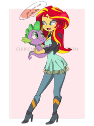 Size: 2116x2835 | Tagged: safe, artist:chibicmps, spike, sunset shimmer, dragon, human, equestria girls, g4, cute, duo, female, holding, holding a spike, male, request, shimmerbetes, spikabetes, spikelove