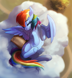 Size: 2349x2553 | Tagged: safe, artist:csox, rainbow dash, pegasus, pony, g4, belly, book, chest fluff, cloud, cute, dashabetes, ear fluff, eyes closed, female, lying down, mare, on back, sleeping, smiling, solo