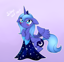 Size: 2488x2410 | Tagged: safe, artist:scarlet-spectrum, princess luna, pony, g4, :t, bipedal, blanket, blushing, bronybait, crying, cute, female, filly, filly luna, floppy ears, foal, frown, hoof hold, looking up, lunabetes, pouting, s1 luna, solo, spread wings, tsundere, tsunderuna, watermark, wings, woona, younger