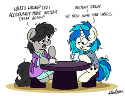 Size: 2192x1696 | Tagged: safe, artist:bobthedalek, dj pon-3, octavia melody, vinyl scratch, earth pony, pony, unicorn, g4, bathrobe, bed mane, chair, clothes, cup, duo, female, horn, mare, messy mane, morning ponies, pajamas, robe, saucer, table, teacup, tongue out