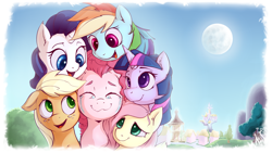 Size: 2440x1373 | Tagged: safe, artist:sea-maas, applejack, fluttershy, pinkie pie, rainbow dash, rarity, twilight sparkle, earth pony, pegasus, pony, unicorn, g4, 4everfreebrony, commission, crying, female, group, happy, horn, joy, mane six, mare, moon, outdoors, pink side of the moon, ponyville, sextet, smiling, song in the comments, tears of joy, thumbnail