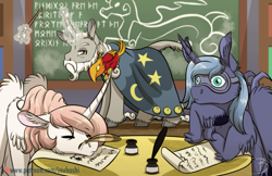 Size: 2229x1440 | Tagged: safe, artist:inuhoshi-to-darkpen, philomena, princess celestia, princess luna, star swirl the bearded, alicorn, classical unicorn, phoenix, pony, unicorn, windigo, g4, bored, chalkboard, cloven hooves, disguise, ear fluff, elder futhark, eyes closed, feathered fetlocks, female, fluffy, glowing, glowing horn, goggles, horn, ink, leonine tail, levitation, magic, male, mare, old ponish, parchment, pink-mane celestia, quill, royal sisters, runes, s1 luna, seems legit, siblings, sisters, sleep mask, sleeping, stallion, story in the comments, tail, telekinesis, trio, unshorn fetlocks, wings, writing, written equestrian, younger