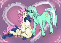 Size: 1233x876 | Tagged: safe, artist:cigarscigarettes, artist:piscella, bon bon, lyra heartstrings, sweetie drops, classical unicorn, earth pony, pony, unicorn, g4, adorabon, cheek kiss, chest fluff, cloven hooves, colored, cute, female, fluffy, horn, kissing, leonine tail, lesbian, lyrabetes, mare, missing cutie mark, ship:lyrabon, shipping, unshorn fetlocks