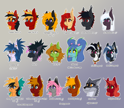 Size: 4000x3500 | Tagged: safe, artist:twotail813, oc, oc only, oc:gear, oc:hearty, oc:nightsun, oc:nis blackhoof, oc:sweetdrop, oc:twotail, oc:xarxe blackhoof, bat pony, earth pony, griffon, pegasus, pony, unicorn, wolf, zebra, beak, collar, ear piercing, earring, female, horn, jewelry, male, necklace, piercing, simple background, tongue out, zebra oc