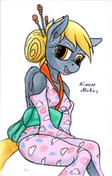 Size: 765x1200 | Tagged: safe, artist:sepiakeys, derpy hooves, anthro, g4, clothes, kimono (clothing), solo, traditional art