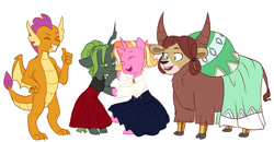 Size: 1238x646 | Tagged: safe, artist:chub-wub, luster dawn, smolder, yona, oc, oc:wisteria, changeling, changeling queen, dragon, pony, unicorn, yak, fanfic:product of friendship, g4, black and green, changeling oc, changeling queen oc, clothes, dress, eye clipping through hair, eyebrows, eyebrows visible through hair, eyes closed, fanfic art, female, female oc, filly, floppy ears, foal, green changeling, horn, looking at each other, looking at someone, open mouth, open smile, simple background, sitting, smiling, spread wings, tomboy taming, transparent background, unamused, white background, wings