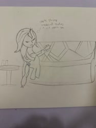 Size: 3024x4032 | Tagged: safe, sunset shimmer, unicorn, g4, couch, guitar, horn, musical instrument, pencil drawing, singing, traditional art