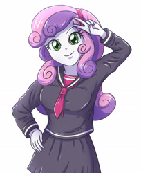 Size: 2211x2713 | Tagged: safe, artist:sumin6301, sweetie belle, human, equestria girls, g4, clothes, female, looking at you, peace sign, sailor uniform, school uniform, simple background, skirt, smiling, solo, uniform, white background