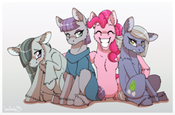 Size: 1908x1252 | Tagged: safe, artist:inuhoshi-to-darkpen, artist:jeatz-axl, limestone pie, marble pie, maud pie, pinkie pie, earth pony, pony, g4, hearthbreakers, my little pony: friendship is magic, season 5, blushing, female, fluffy, gradient background, gray background, grin, group, mare, pie sisters, quartet, siblings, simple background, sisters, sitting, smiling, unshorn fetlocks