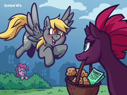 Size: 1024x768 | Tagged: safe, artist:simondrawsstuff, derpy hooves, pinkie pie, tempest shadow, earth pony, pegasus, pony, unicorn, g4, apology, basket, blushing, broken horn, cute, derpy's sacrifice, female, food, horn, mare, mouth hold, muffin