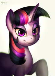 Size: 2087x2873 | Tagged: safe, artist:shira-hedgie, twilight sparkle, pony, unicorn, g4, bust, female, grin, horn, lidded eyes, looking at you, mare, portrait, raised hoof, shading, signature, simple background, smiling, solo, unicorn twilight, white background