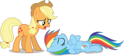 Size: 9812x4464 | Tagged: safe, artist:creedyboy124, applejack, rainbow dash, earth pony, pegasus, pony, g4, angry, applejack's hat, cowboy hat, duo, duo female, eyes closed, female, folded wings, hat, lying down, mare, simple background, transparent background, wings