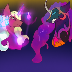 Size: 1280x1280 | Tagged: safe, opaline arcana, sunny starscout, alicorn, fire alicorn, lullaby for a princess, g5, angry, artificial alicorn, banishment, crystal, curved horn, earth pony crystal, horn, nightmare moon armor, nightmarified, pegasus crystal, sad, starless sky, unicorn crystal, unity crystals