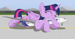 Size: 1920x1003 | Tagged: safe, artist:buckweiser, twilight sparkle, alicorn, pony, g4, airport, boeing, boeing 777, cute, equestrian airlines, female, giant pony, hug, macro, mare, mega twilight sparkle, plane, snuggling, solo, twiabetes, twilight sparkle (alicorn)