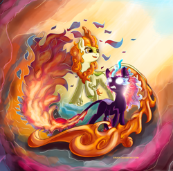 Size: 2465x2433 | Tagged: safe, artist:eriadu, autumn blaze, kirin, nirik, g4, my little pony: friendship is magic, sounds of silence, duality, female, glowing, glowing eyes, mane of fire