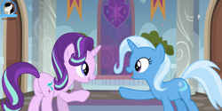 Size: 10246x5139 | Tagged: safe, artist:creedyboy124, starlight glimmer, trixie, pony, unicorn, g4, background, duo, duo female, female, hallway, horn, lesbian, looking at each other, looking at someone, mare, pointing, ship:startrix, shipping