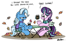 Size: 2441x1518 | Tagged: safe, artist:bobthedalek, starlight glimmer, trixie, pony, unicorn, g4, autumn, chair, clothes, coffee, crossed hooves, crossed legs, cup, dialogue, duo, duo female, female, horn, leaves, magic, mare, scarf, table, trixie is not amused, unamused