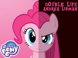 Size: 540x404 | Tagged: safe, artist:randomuser1409, pinkie pie, g4, andrea libman, female, my little pony logo, pinkamena diane pie, solo, split screen, two sides