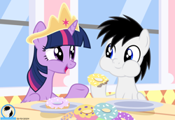 Size: 6000x4125 | Tagged: safe, artist:creedyboy124, twilight sparkle, oc, alicorn, pegasus, pony, g4, background, chewing, crown, donut, duo, eating, female, folded wings, food, horn, jewelry, looking at each other, looking at someone, male, mare, pegasus oc, regalia, stallion, stallion oc, twilight sparkle (alicorn), wings