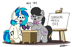 Size: 2320x1516 | Tagged: safe, artist:bobthedalek, dj pon-3, octavia melody, vinyl scratch, earth pony, pony, unicorn, g4, blindfold, desk, drool, duo, easel, female, horn, mare, nice try, octavia is not amused, sleep mask, sleeping, teaching, unamused