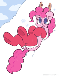 Size: 1748x2210 | Tagged: safe, artist:spookyfoxinc, pinkie pie, earth pony, pony, g4, :3, antlers, christmas, clothes, cute, diapinkes, dock, female, festive, giggling, happy, heart, heart eyes, hearth's warming, holiday, mare, open mouth, open smile, simple background, smiling, snow, socks, solo, tail, wingding eyes, winter