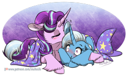 Size: 1890x1134 | Tagged: safe, artist:inuhoshi-to-darkpen, starlight glimmer, trixie, pony, unicorn, g4, blushing, cape, clothes, cuddling, eyes closed, female, hat, horn, lesbian, mare, nuzzling, ship:startrix, shipping, simple background, transparent background, trixie's cape, trixie's hat, unshorn fetlocks