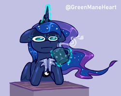 Size: 1746x1383 | Tagged: safe, artist:greenmaneheart, princess luna, alicorn, pony, g4, :i, coffee mug, floppy ears, hooves together, i mean i see, magic, mug, solo, telekinesis