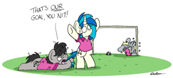 Size: 2895x1308 | Tagged: safe, artist:bobthedalek, derpy hooves, dj pon-3, octavia melody, vinyl scratch, earth pony, pegasus, pony, unicorn, g4, atg 2022, bipedal, clothes, dizzy, epic fail, fail, female, football, goal, horn, knocked out, mare, messy mane, newbie artist training grounds, own goal, pain star, shirt, sports, sudden realization, swirly eyes, tail, tail pull, this did not end well, trio, you had one job